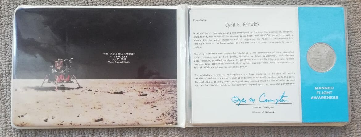 Cyril’s Apollo-11 project certificate, which features a specially embedded medallion made from working components of spacecraft Eagle