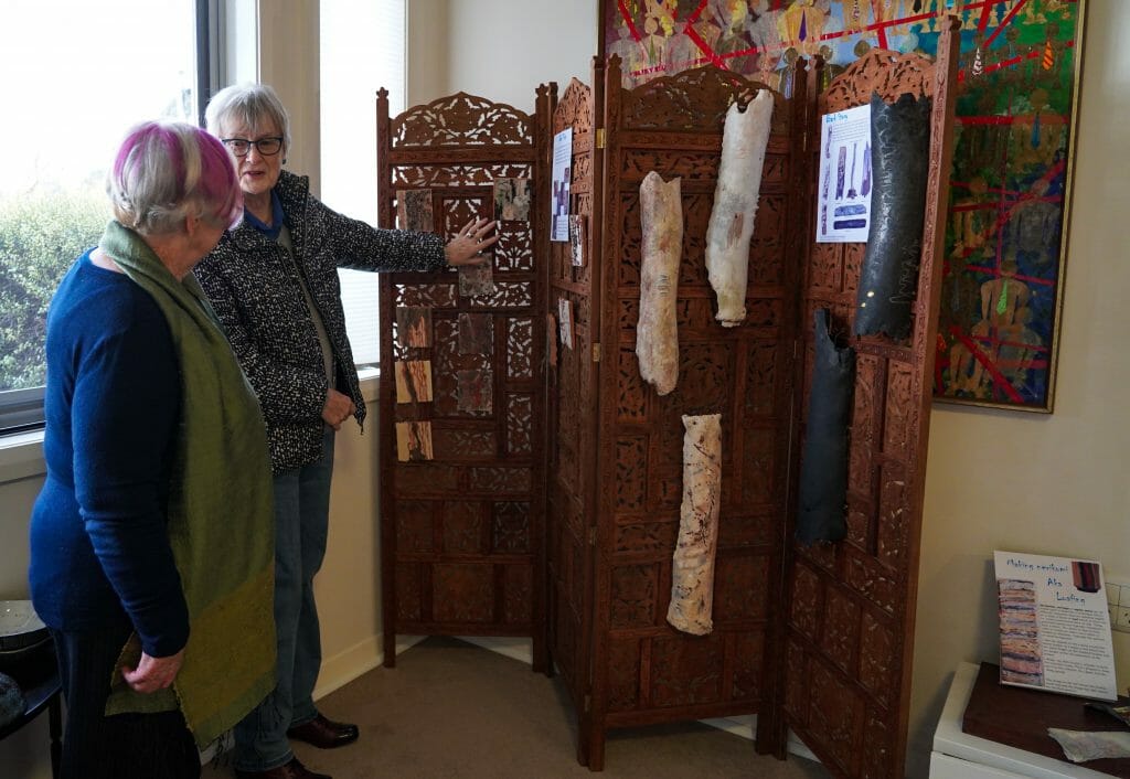 Carol and Geraldine talking about art piece