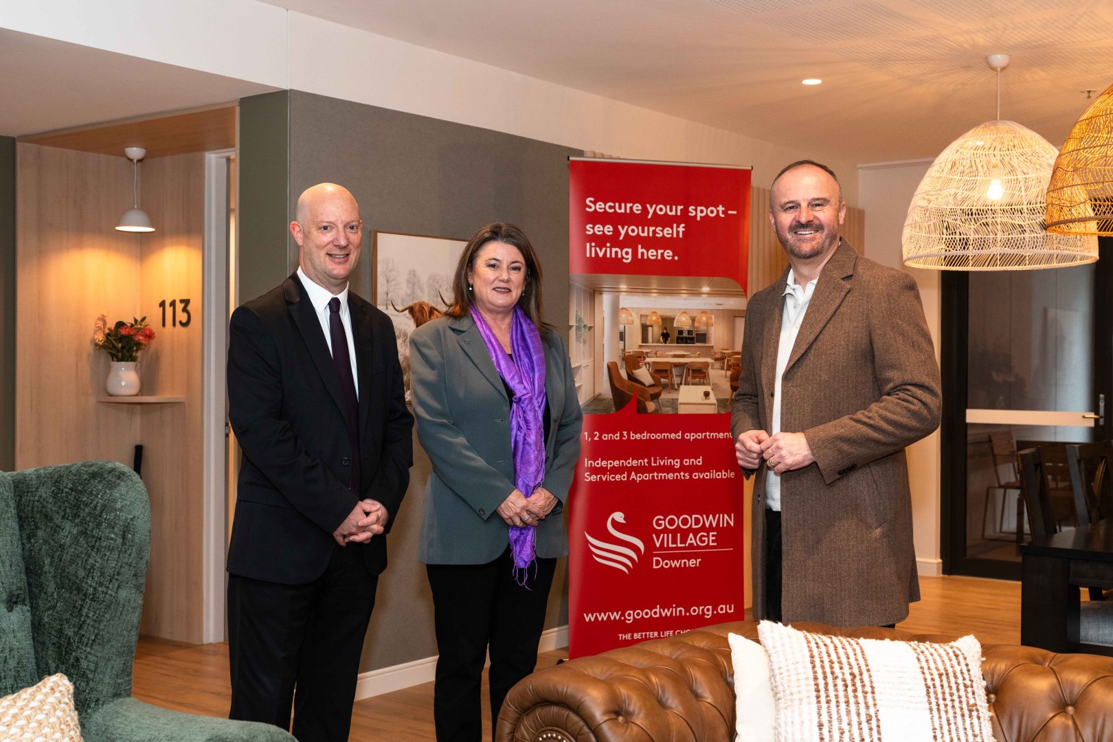 Chief Minister of the ACT Andrew Barr joins Goodwin Board Chair Fiona Jolly & CEO Stephen Holmes on a tour of the newly opened Goodwin Village Downer